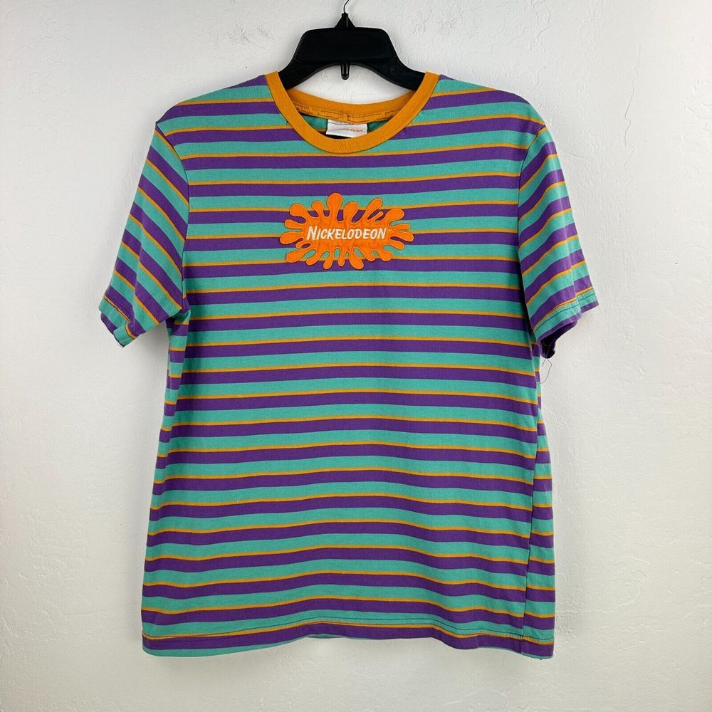 Nickelodeon shirt Mens M‎ Purple Blue Striped Embroidered Cartoon TV Logo